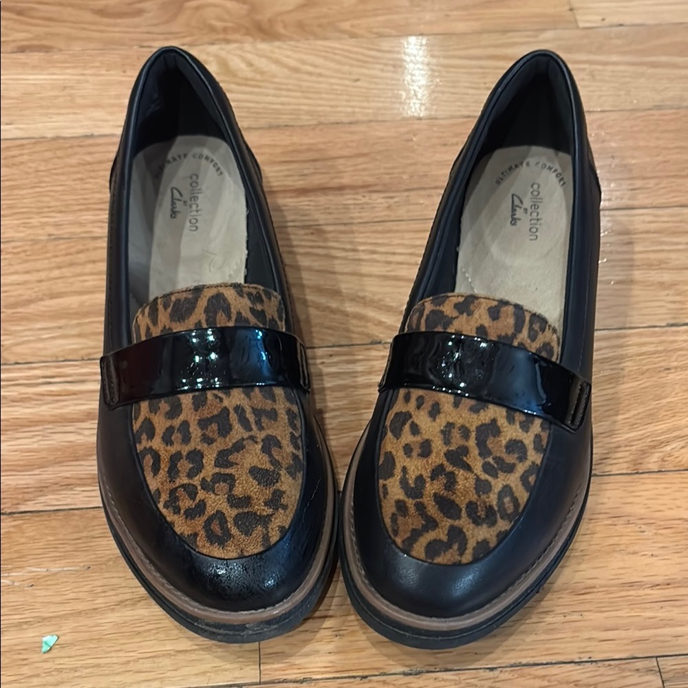 Clarks Black and Brown Leopard Print Loafers